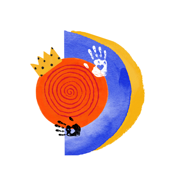This logo has an orange circle with a red spiral that represents a sun. There is a gold w/black polk dots crown resting on its head because we all are kings and queens. Ther is a blue and yellow D in the back ground. The ouside arc of the D is yellow to represent a crescent moon. Two paint hand prints white & black are at the bottom edges of the Sun circle. Inside of the palms of the handprints are hearts. 